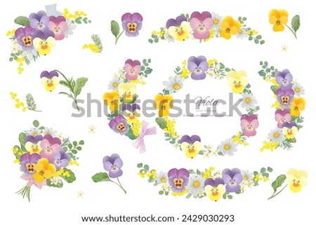 Cute viola and spring flower frame set painted in watercolor ストックフォト © 