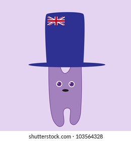 Cute violet bunny in big dark blue hat with british flag on it