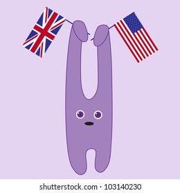 Cute violet bunny holding British and American Flags with his ears and space for text