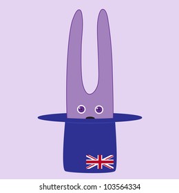 Cute violet bunny sitting in big dark blue hat with british flag on it