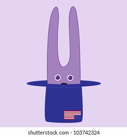Cute violet bunny sitting in hat with American flag on it