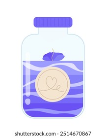 Linda vela violeta. Luz de vela azul en tarro de cristal. Aromaterapia, relajación, bienestar y descanso. Cera y parafina. Elemento gráfico para Sitio web. Ilustración vectorial plana aislada sobre fondo blanco