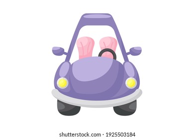 Cute violet car on white background. Cartoon transport for kids cards, baby shower, birthday invitation, house interior. Bright colored childish vector illustration in cartoon style.