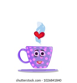 Cute violet cartoon cup with pink polka dots pattern, smilling girl face, rose lips, eyes and red heart in steam isolated on white background. Vector illustration, clip art for valentines or dating.