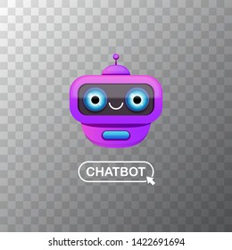 cute violet chatbot character isolated on transparent background. Vector Funny robot assistant, chatter bot, helper chatbot logo or label