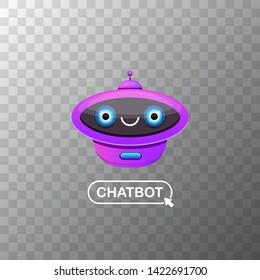 cute violet chatbot character isolated on transparent background. Vector Funny robot assistant, chatter bot, helper chatbot logo or label