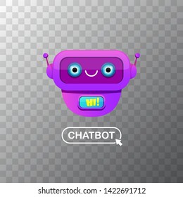 cute violet chatbot character isolated on transparent background. Vector Funny robot assistant, chatter bot, helper chatbot logo or label