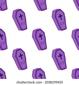 Patrón transparente de halloween con vectores de ataúd violeta suave en fondo blanco
