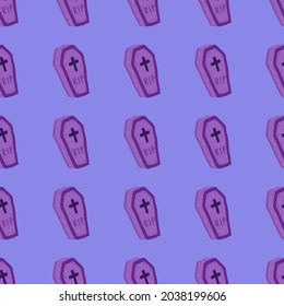 Cute violet coffin vector halloween seamless pattern on a violet background