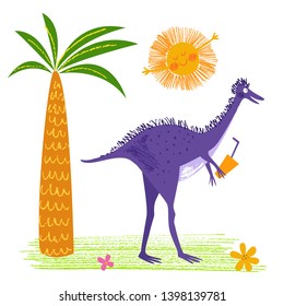 Cute violet dinosaur with drink. Funny animal. Vector background. Childish hand drawn illustration. Character for kids. Pencil texture. Isolated. Dino.