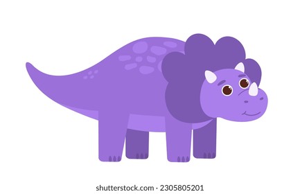 Cute violet dinosaur. Triceratops from prehistoric era. Poster or banner for website. Exotic animal in old style. Cartoon flat vector illustration isolated on white background