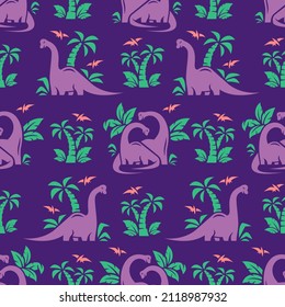 CUTE VIOLET DINOSAURS WITH HER CHILD AND PALM FLAT SEAMLESS PATTERN.