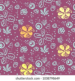 Cute violet doodle floral seamless pattern with outline blue and yellow flowers. Lovely naive texture with blossoms and blotches for textile, wrapping paper, banner, underwear, surface, wallpaper