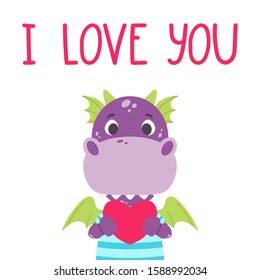 Cute violet dragon with heart and hand drawn lettering quote - I love you. Valentines day greeting card. Vector illustration isolated on white background for print, card and poster.