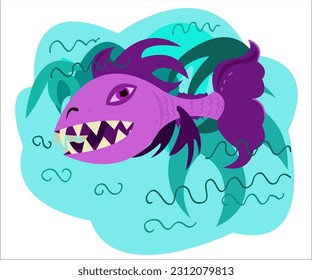 A cute violet exotic toothy fish, swimming in a turquoise calm water of a sea. This cartoon illustration can be used as a logotype for sea, fishing, tourist and creative companies. Vector, isolated.