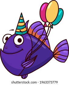 cute violet fish for the holiday with balls and cap