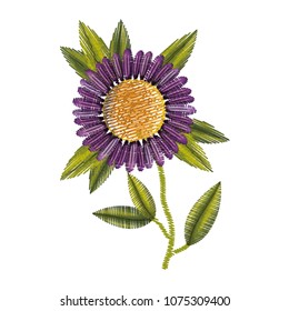 cute violet flower with leafs decorative icon