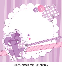 cute violet frame with gift box, buttons and patches