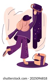 Cute violet girl doodle worker character with long hair in hat painting the wall. Painter, decorator work cartoon style vector. Roller in hand and paint bucket on the floor