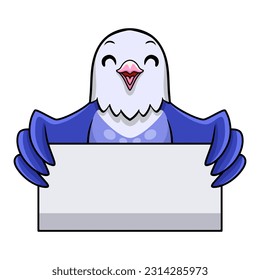Cute violet love bird cartoon holding blank sign