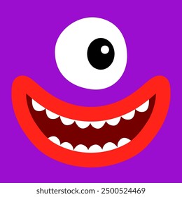 Cute violet monster face head banner. Happy Halloween. Square monsters. Spooky Smiling Boo smiling face emotion. One eye, teeth fang, mouse, lips. Flat design. Baby kids background. Vector