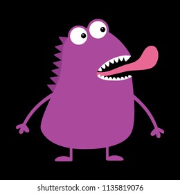 Cute violet monster icon. Happy Halloween. Cartoon colorful scary funny character. Eyes, mouth showing tongue. Funny baby collection. Black background Isolated. Flat design. Vector illustration