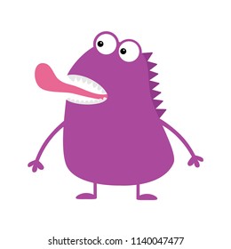 Cute violet monster icon. Happy Halloween. Cartoon colorful scary funny character. Eyes, mouth showing tongue. Funny baby collection. White background Isolated. Flat design. Vector illustration