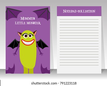 Cute violet notebook template for kids funny monster, vector illustration