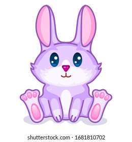 Cute violet rabbit. Kawaii cartoon character. Fluffy funny animal. Happy Easter sign symbol. Spring baby greeting card template. Print on baby products, cards, handmade. Vector illustration.