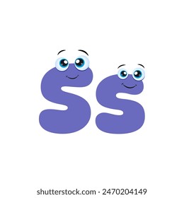 Cute violet S Letter with Eyes Cartoon Character. Cute abc design for book cover, poster, card, print on baby's clothes, pillow etc. Illustration of funny Cartoon Alphabet font type character.