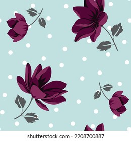 cute violet seamless vector flowers with grey retro pattern on blue background