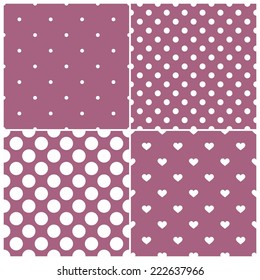 Cute violet tile vector pattern set with white polka dots and hearts on pastel background