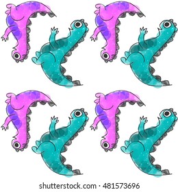 Cute violet and turquoise baby dinosaurs seamless pattern, kid's themed background