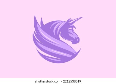 Cute violet unicorn sign or logotype vector concept, unicorn with wings