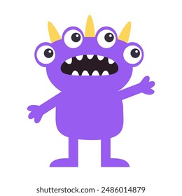 Cute violet yellow monster standing. Happy Halloween. Monsters silhouette icon. Four eyes, surprised face. Cartoon kawaii funny character. Childish style. Flat design Isolated. White background Vector