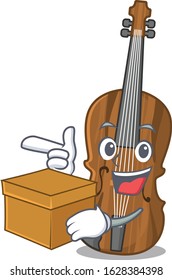 Cute violin cartoon character having a box