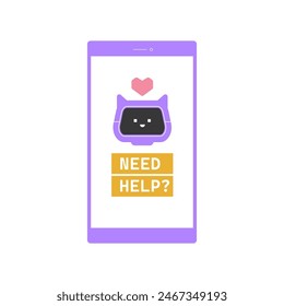 Cute virtual robot assistant on the smartphone screen. Chat bot on the phone. Online support from artificial intelligence. Questions and answers on the Internet. Vector flat illustration.