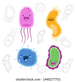 Cute virus, bacteria vector cartoon character set isolated on white background.