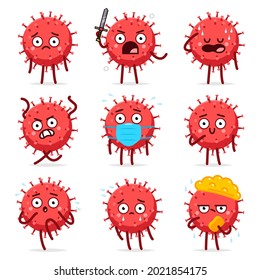 Cute-Virus- und Bakterienkartoonzeichen, einzeln auf weißem Hintergrund.