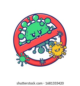 Cute Virus Cartoon mit Stopp Sign Vektorillustration Symbol Illustration. Beenden Sie die Virus-Vektorillustration. Gesundheitssymbolkonzept weiß isoliert. Flachbildfernseher geeignet für Web-Landing-Page, Banner, Flyer, Aufkleber