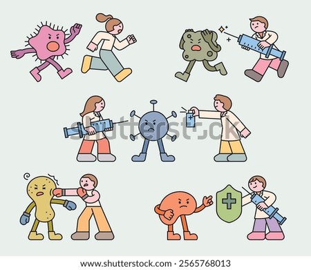 Cute virus characters. Doctor characters fighting viruses. Cuttiny character with outline.