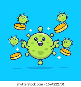 Cute Virus With Coin Money Vector Icon Illustration. Corona Mascot Cartoon Character. Virus Icon Concept White Isolated. Flat Cartoon Style Suitable for Web Landing Page, Banner, Flyer, Sticker, Card