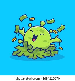 Cute Virus With Coin Money Vector Icon Illustration. Corona Mascot Cartoon Character. Virus Icon Concept White Isolated. Flat Cartoon Style Suitable for Web Landing Page, Banner, Flyer, Sticker, Card