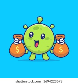 Cute Virus With Coin Money Vector Icon Illustration. Corona Mascot Cartoon Character. Virus Icon Concept White Isolated. Flat Cartoon Style Suitable for Web Landing Page, Banner, Flyer, Sticker, Card