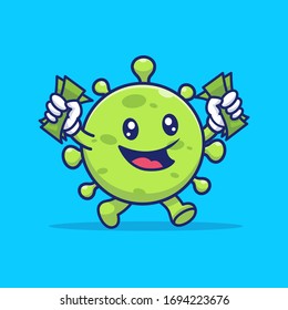 Cute Virus With Coin Money Vector Icon Illustration. Corona Mascot Cartoon Character. Virus Icon Concept White Isolated. Flat Cartoon Style Suitable for Web Landing Page, Banner, Flyer, Sticker, Card