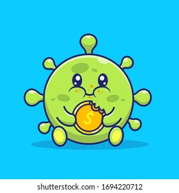 Cute Virus Eat Coin Money Vector Icon Illustration. Corona Mascot Cartoon Character. Virus Icon Concept White Isolated. Flat Cartoon Style Suitable for Web Landing Page, Banner, Flyer, Sticker, Card