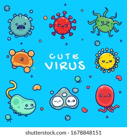 Cute Virus Set Vector Icon Illustration. Corona Virus Collection Cartoon Character. Health Icon Concept White Isolated. Flat Cartoon Style Suitable for Web Landing Page, Banner, Flyer, Sticker, Card