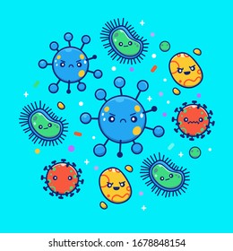 Cute Virus Set Vector Icon Illustration. Corona Virus Collection Cartoon Character. Health Icon Concept White Isolated. Flat Cartoon Style Suitable for Web Landing Page, Banner, Flyer, Sticker, Card