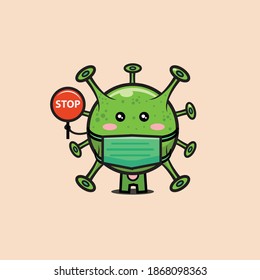 Cute Virus with stop virus pose,Virus cartoon with medical mask,Protective mask from coronavirus,covid 19.stay at home illustration Premium Vector