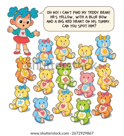 Cute visual puzzle for kids: help the girl find her missing teddy bear. He’s yellow with a blue bow and a red heart. A fun and colorful activity for attention and logic development.